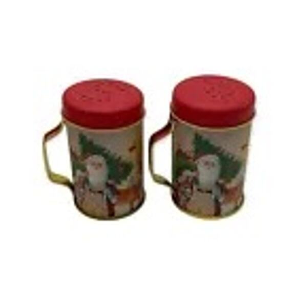 Old Fashioned Santa Christmas Scene Tin Salt & Pepper Shakers Preowned with Box - Picture 3 of 6